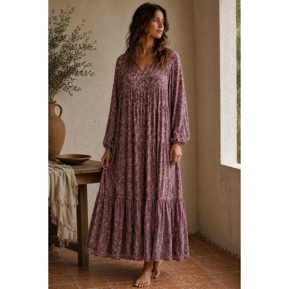 Easel Boho Ditsy Floral Midi Dress Tiered Peasant Sleeve Tie Neck Pink L